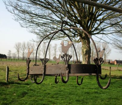 antique French Hanging Butcher Rack Cast Wrought Iron 8 hooks Roosters Rustic