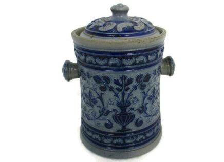 Antique Tobacco Jar Humidor Ceramic Pottery Majolica Blue White Marked