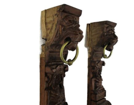 Antique Gothic Pair Corbels Hand Carved Wood Pediments Architectural Lion Heads female Heads Gothic figurines WOW