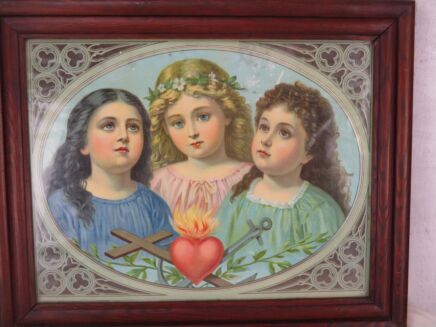 Antique Wooden Frame Holy Heart 3 Children Love Hope Faith Print Lithography