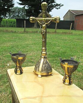 Antique Ornamental Brass Christ Crucifix Candlesticks Triptych Memento Mori
