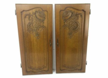 Pair Antique Hand Carved Oak Pheasants Door Panels Reclaimed Architectural Kitchen Cabinet Doors