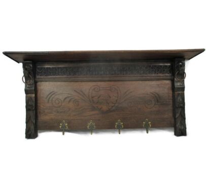Gorgeous Hand Carved Wood Coat Hat Kitchen Hallway Rack Ornate Lion Heads 40"