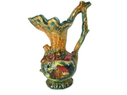 Antique Barbotine Majolica French Tavern Pitcher Jar Vase Flowers Lovely hand Painted Landscape House