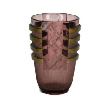 Art Deco Vase Val St Lambert Pink Gold Etched Glass Flowers Egmond? Belgium HTF