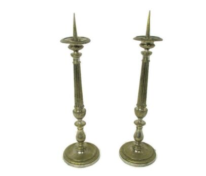XL Antique Couple pair Easter Church Altar Candle Holders Silver Plated? 28.34"