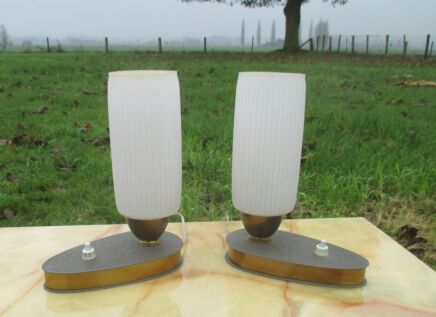Pair of Vintage Table Bed Side Lamps era Stilnovo Mid Century Brass Glass