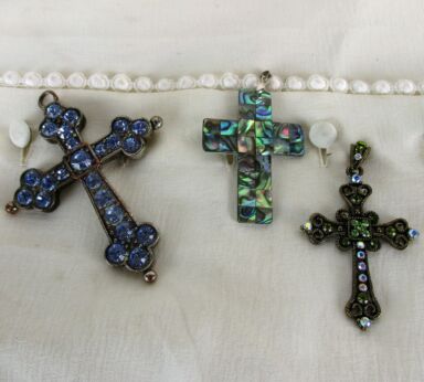 3 small Ornate Hanging Crucifixes Nun Priest Cross Decorative Glass Metal