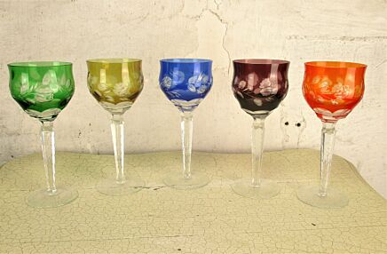 5 Champagne Wine Glasses Goblet Hock cut to Clear Etched Crystal Multi color