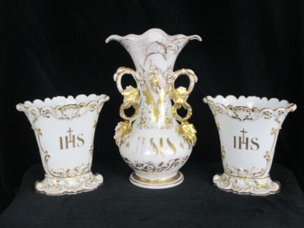 XL set of 3 Antique Porcelain Fan Flair Vases Centerpiece Church Chapel