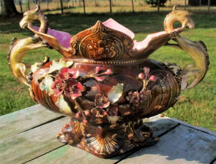 Gorgeous French Antique Majolica Barbotine Planter Cache pot Dragon Handles