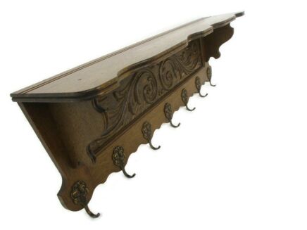 Large Gorgeous Hand Carved Wood Coat Hat Rack Breughel Style Ornate Mid Century Modern