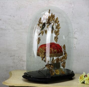 Victorian antique French Bridal Wedding Dome Flowers Gold Gilt leaves Ormolu