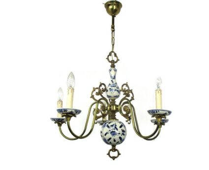 Delft Blue White Porcelain Ornate Brass Chandelier 5 Arm 5 Lights Country Style