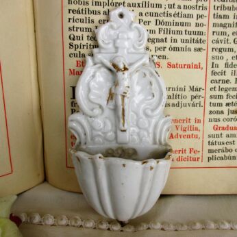 Small antique White Holy Water Font Vessel Crucifixion Christ Bisque Porcelain