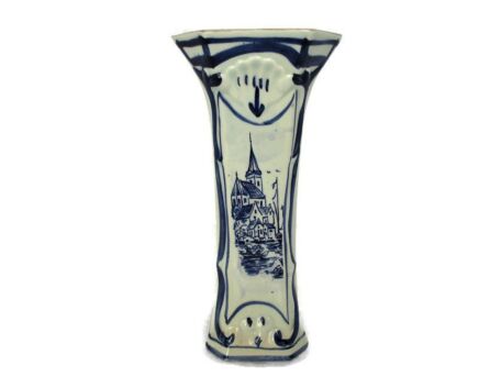 Delft Holland Blue White Porcelain Trumpet Vase de Delft Marked Seaside boats Church mid century