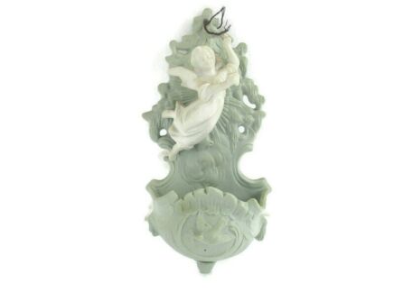 Holy Water Font Angel Green White  Bisque Porcelain Collector Cameo Style   HTF 7.48"