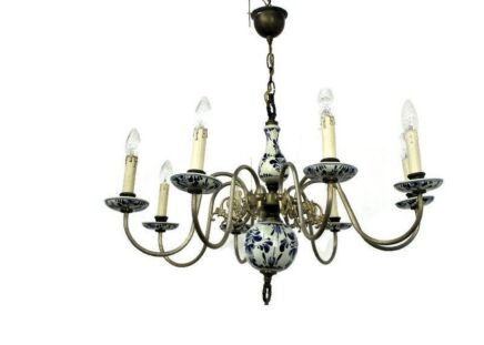 Delft Blue White Porcelain Ornate Brass Chandelier Dutch 8 Arm Lights Farmhouse