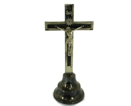 Beautiful Vintage  Standing Table Crucifix Cross Calvary Jesus Christ Mid Century Modern Spelter