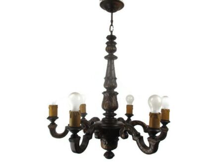 Hand Carved Wooden Chandelier Ornate 6 arm Lights Mid Century Modern