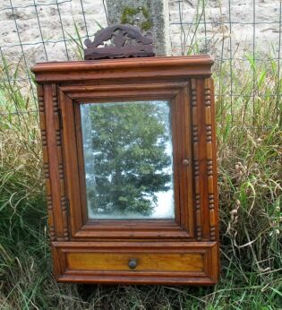 Vintage Carved Wood Medicine Wall Cabinet mirror Drawer Pediment Authentic