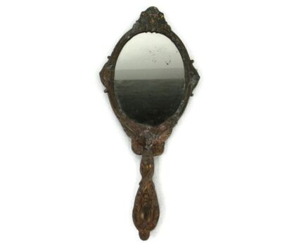 Antique Brass Hand Mirror Embossed Etched  Angel Putti Gorgeous