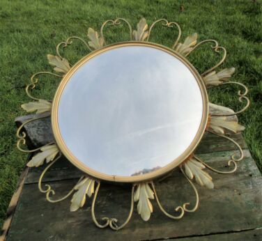 Stunning French Sunburst Wall Hanging Convex Mirror Mid Century Brass