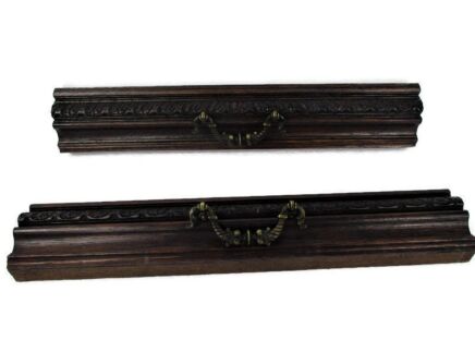 2 pieces Antique French Carved Oak Reclaimed Architectural Trim Pediment Salvage Wood Brass Door Handles