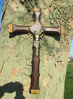 Large Vintage Wood Hanging Crucifix Cross Art Brass Corpus Gold Paint 23.43"