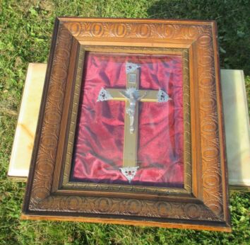 Beautiful Antique Crucifix Frame Red Velvet Dome Glass Carved Wood Frame Jesus
