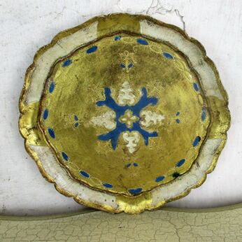 Small Round Italian Mid Century Hollywood Regency Florentine Serving Tray Blue