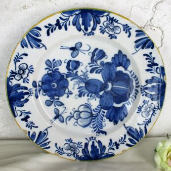 Large 19th Century Hand Painted Delfts Delft Blue Charger Plate Flowers HTF