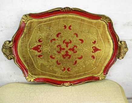 Large Italian Mid Century Hollywood Regency Florentine Red Gold Serving Tray