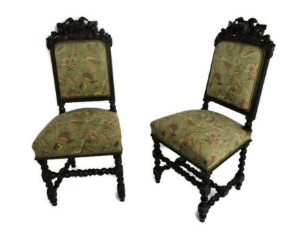 Couple Antique Barley Twist Hand carved Ornate Parlor Hunter Chairs Wolf Dog WOW