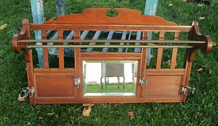 Vintage French Wooden Oak Coat Hat Rack Beveled Mirror Art Deco Paris Bistrot
