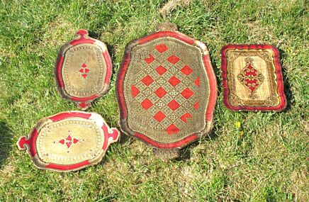 4 Italian Mid Century Hollywood Regency Florentine Serving Tray Platter Red