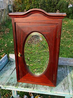 Antique Oak Wood medicine bathroom Wall Cabinet Oval Beveled mirror Apothecary