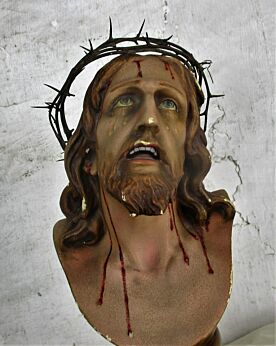 Bust Jesus Christ Plaster Statue Wooden Crown Thorns Christo de Limpias dramatic