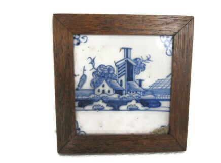 1800 Antique Delft Tile Dutch Decorative Blue White Landscape Framed