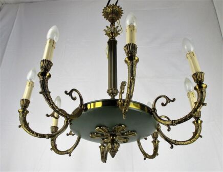 Large French Empire Pan Chandelier Green Bronze! 8 arm Lights Hollywood regency