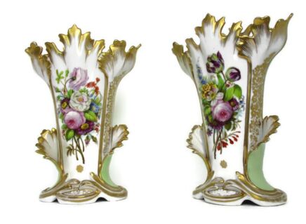 L Couple Antique Vieux Paris Porcelain Fan Flair Vases Flower Pattern 19th C