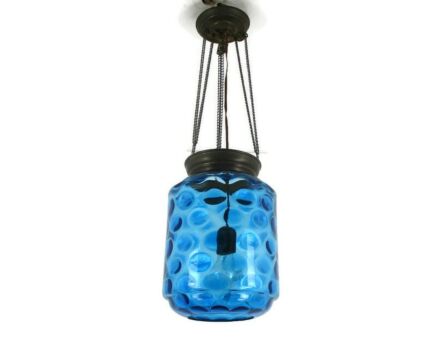 Bubbled Blue Optic Glass Chandelier Pendant Vintage Era Empoli Italy