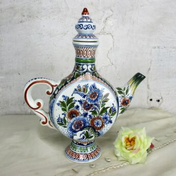 Vintage Polychrome OUD Delft Vase Banjo Moonflask Pitcher Bottle Marked 12.20"