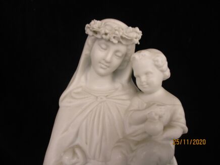 French Antique 1900 Bisque Statue Virgin Mary Our Lady Infant Jesus Flower Wreath Garland Exquisite 10.62"