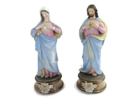 Pair Large Antique Porcelain Statues Virgin Mary Madonna  Jesus Christ Holy Heart WOW