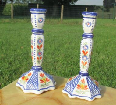 Vintage couple Henriot Quimper candle holders France Signed Marked BLue flowers