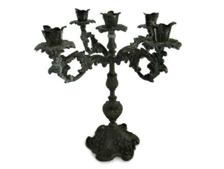 Vintage Faux Brass Spelter Ornate Embossed 5 arm Candle Holder Stick Candelabra Beautiful