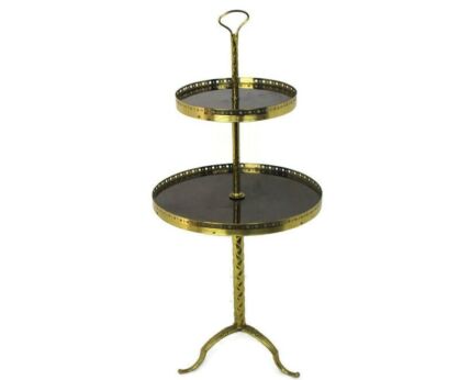 Pedestal Two Tier Cake Stand Vintage Hollywood regency style Veneer Brass HTF