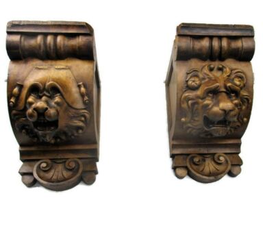 Pair Vintage hand Carved Wood Lion Head Shelf Console Bracket Support Console