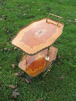Stunning Bar Cart Italian Hollywood Regency Gold Chrome Wood Inlay Marquetry Onyx Marble